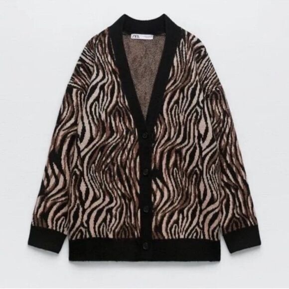Zara Animal Print Wool Blend Brown & Black Button
Down Oversized Cardigan Small) - Picture 2 of 7